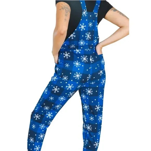 Women Overall Pajamas XS Warm Soft Knit Après Ski Snowflake Blue White NWT